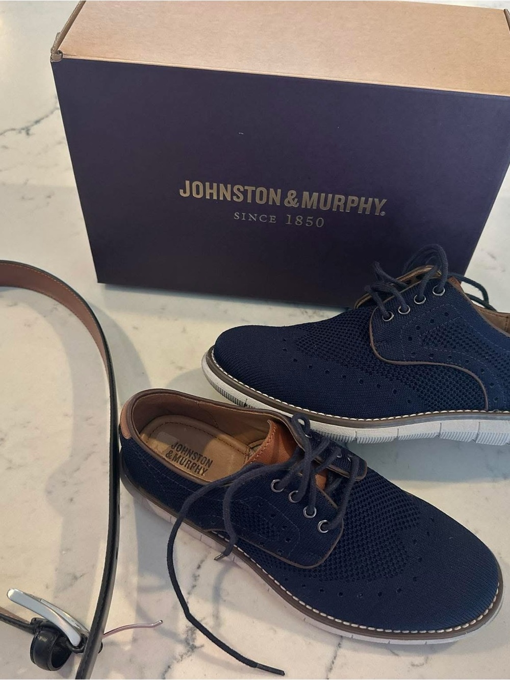 Johnston & Murphy Navy Knit Wingtip Derbys with Brown Trim size 1 shoes   Size 8